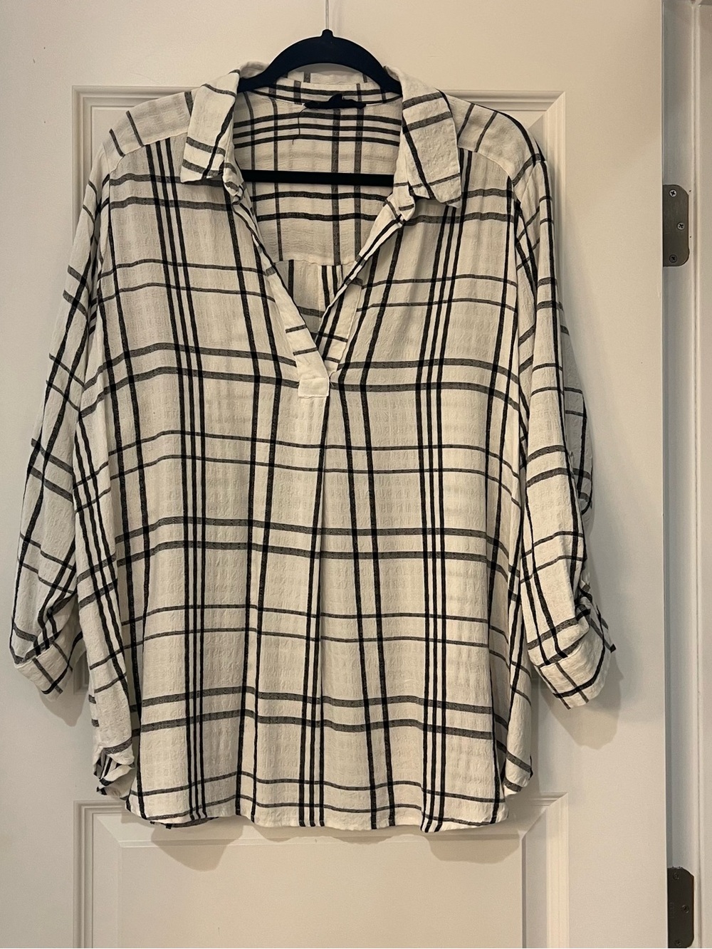 Jane + Delancey Women’s 1X Cream Black Plaid Collared Pullover Tunic Blouse